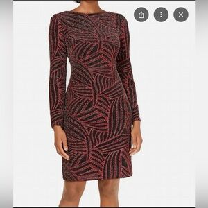 NW Nigthway Elegant Long Sleeve Black and Red Patterned Dress